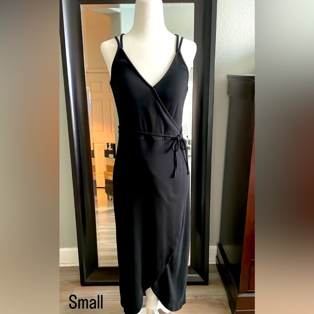Black thin strap midi length dress